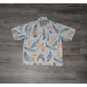 Seven Palm Hawaiian Button Up‎ Shirt Mens Medium Silk Blue Floral Print Aloha